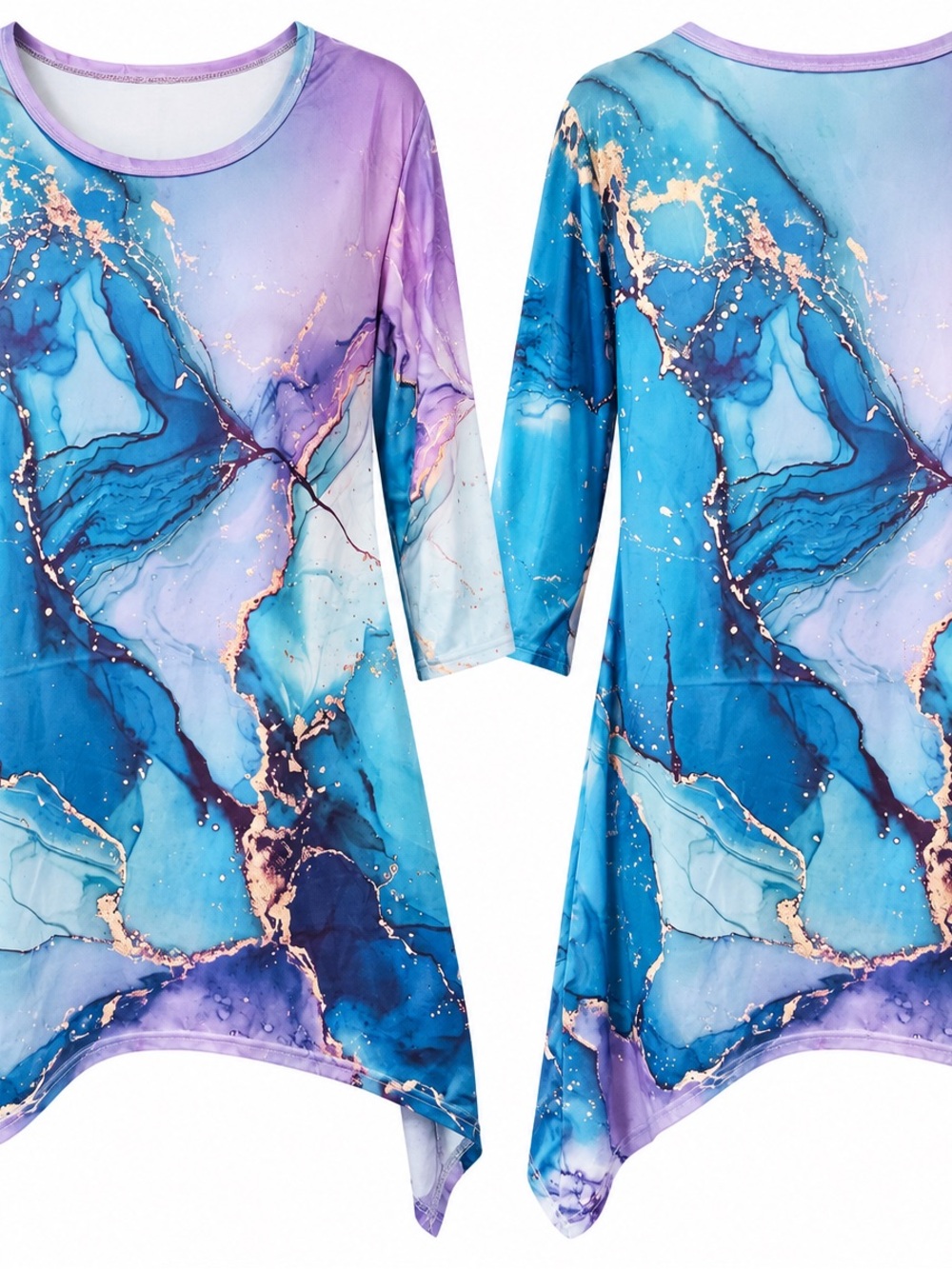 NWOT XL Blue Purple Abstract Marble Print Handkerchief Hem Tunic Top